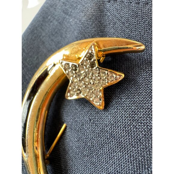 Vintage Gold-Tone Crescent Moon & Star Brooch With Rhinestones & Black Enamel - Picture 10 of 16